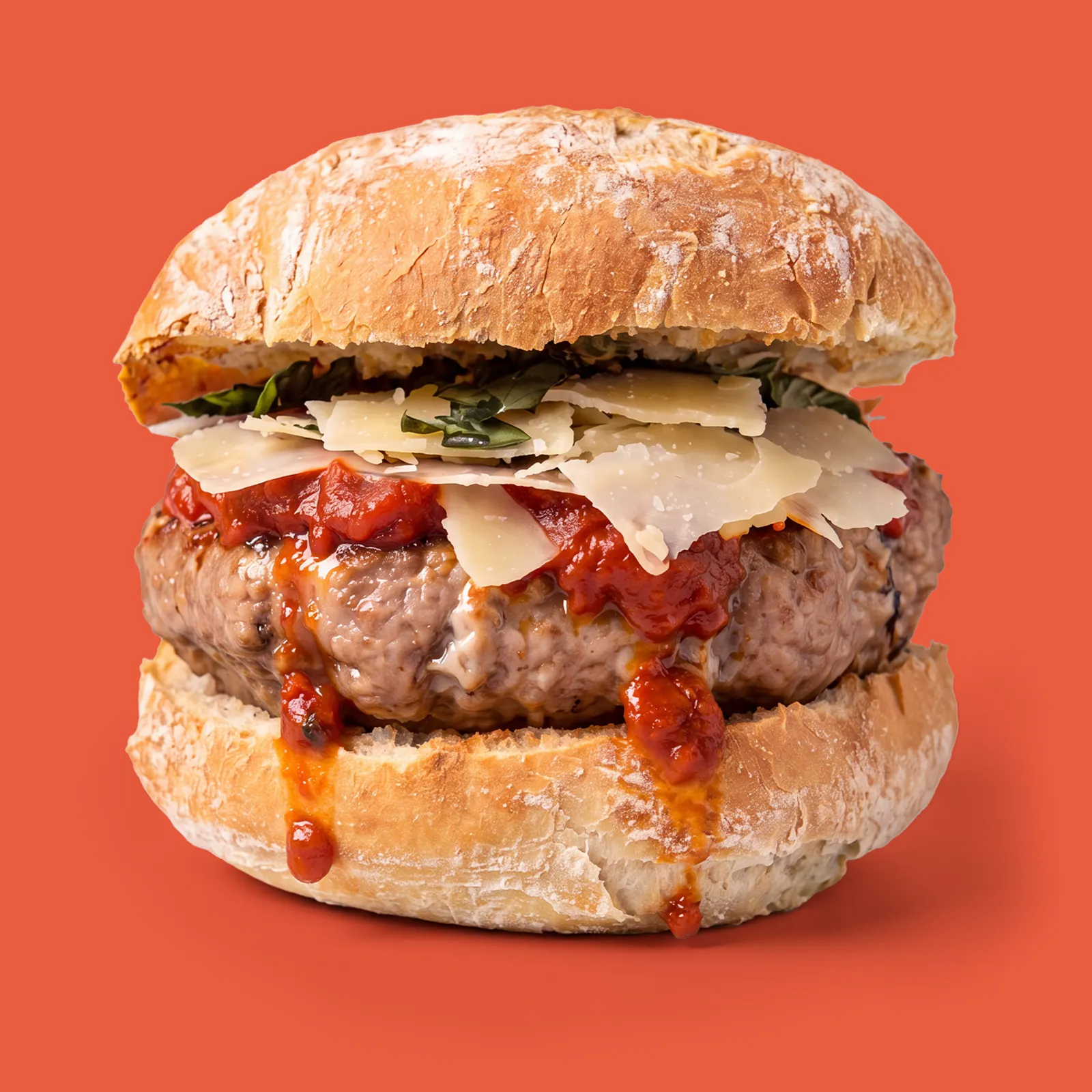 Hamburguesa Polpettone della Nonna con salsa de pomodoro y parmesano